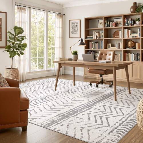 Nakagishi Area Rugs 8x10 Living Room: Washable Boho Large Neutral Soft Farmhouse Rug Stain Resistant Modern Geometric