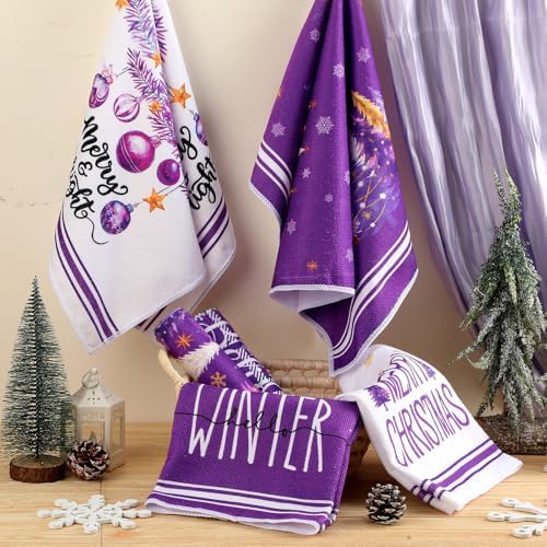 Oudain 6 Pcs Purple Christmas Kitchen Towels Xmas Tree Tea Dishtowels Decorative Plaid Bathroom Hand Towel Farmhouse Purple Christmas Decorations for Kitchen Bath Housewarming Home Gifts