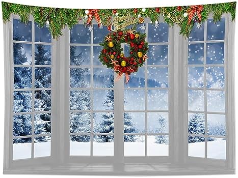 HVEST Winter Tapestry Wall Hanging Snow Pine Tree Forest outside Window Wall Art for Bedroom, Christmas Wreath and Green Pine Branch Tapestry for Living Room Dorm Wall Decor, 51L X 59W inches