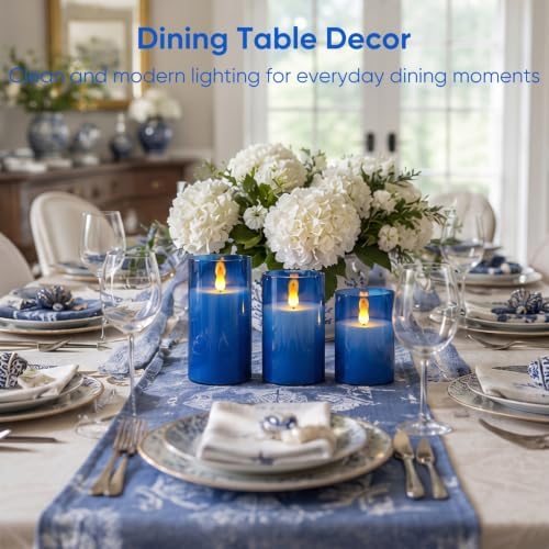 Homemory Blue Flameless LED Pillar Candles with Remote Timer, Set of 3