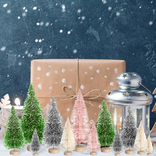 8pcs Mini Christmas Tree, Artificial Bottle Brush Trees with Wood Base, Tabletop Miniature XmasTrees with 4 Small Christmas Wreath, Fake Xmas Tree Ornament, White Christmas Tree for Christmas Décor