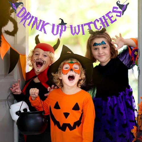 Purple Glitter Drink Up Witches Halloween Banner - Halloween Hanging Paper Garland Bunting Banner with Witch Hat Decorations, Photo Backdrop for Wall Home Mantle Office Wall Scary Party Supplies