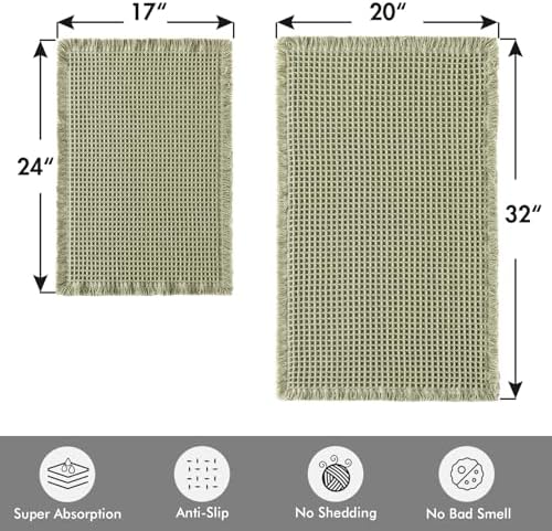 MIULEE Set of 2 Waffle Bathroom Rugs Sage Green Bath Mat 17"x24"+20"x32"
