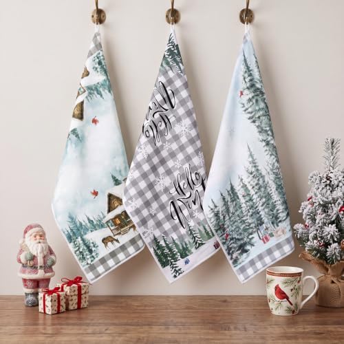 Bencailor 6 Pcs Christmas Kitchen Towel, Grey Plaid, Pine Forest