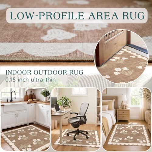 3x3 Square Entryway Rug - Non-Slip Washable Front Door Mat Indoor Outside Entrance Small Porch Rug Tan Neutral Floral