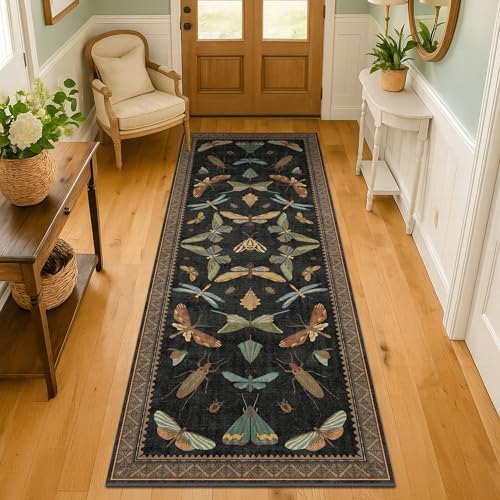 2x5 Black Washable Kitchen Runner Rugs Non Skid Washable - Gothic Runner Rug for Entryway, Kitchen, Insect Print Stain