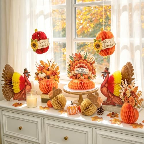 Paper Jazz Thanksgiving Honeycomb Table Decorations, Turkey and Pumpkin Centerpieces, Fall Autumn Theme Decor Set of 9, Indoor Tabletop Centerpiece for Thanksgiving Party Home Dining Table