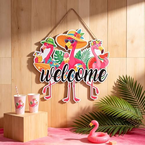 Flamingo Welcome Door Sign 12'' Summer Tropical Wooden Decor Hawaiian Flamingo Wall Art Hanging Sign Pink Flamingos Front Door Wreath for Farmhouse Home Wall Holiday Summer Decor, Housewarming Gift