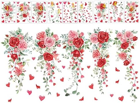 Whaline 9 Sheets Valentine Floral Window Cling Stickers Spring Rose Flower Hanging Vine Window Decals Eucalyptus Leaves Reusable Glass Decals for Wedding Party Home Decoration