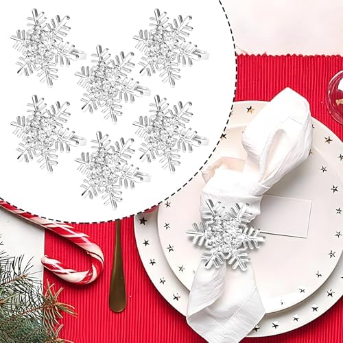 Christmas Silver Napkin Rings Set of 6, Metal Winter Snowflake Napkin Holders Wedding Dinner Home Table Decors Winter Decorations Christmas Decors