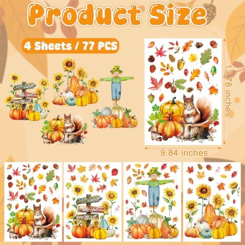 77 PCS Scarecrow Fall Decor, 9.84 x 13.78 Inch Fall Window Clings for Home
