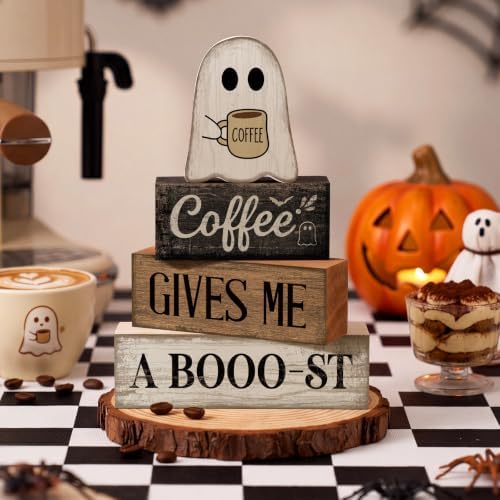 Lineshading 4 Pcs Halloween Tiered Tray Decor, Wooden Ghost Coffee Blocks
