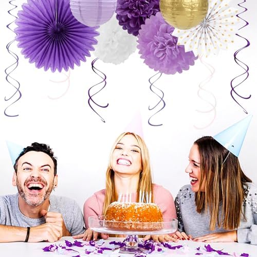 Purple-Lavender White Gold Party Decorations - 20pcs Graduation Birthday Paper Lanterns Fans,Tissue Pom Poms,Honeycomb Balls,Baby Shower Bridal Wedding Bachelorette Valentines Day Decor Burgleda
