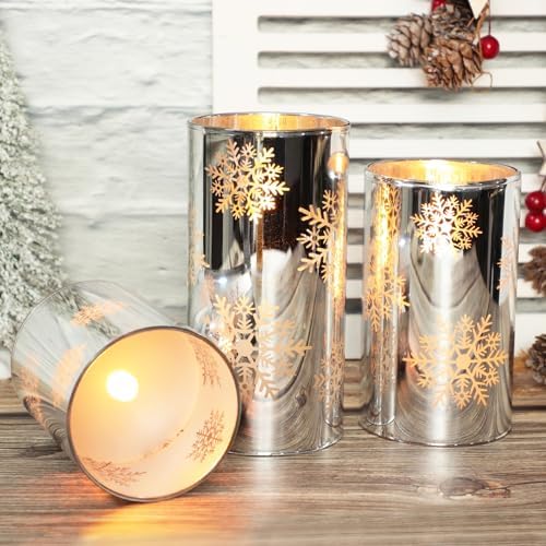Crystal Club Christmas Flameless Candles with Remote, Set of 3, Snowflake Plating Battery Operated LED Candles, Glass Effect Pillar Candle Flickering with Remote for Home Decor