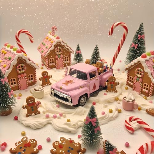 Pink Gingerbread Christmas Decor Farmhouse Metal Truck with Mini Hot Cocoa
