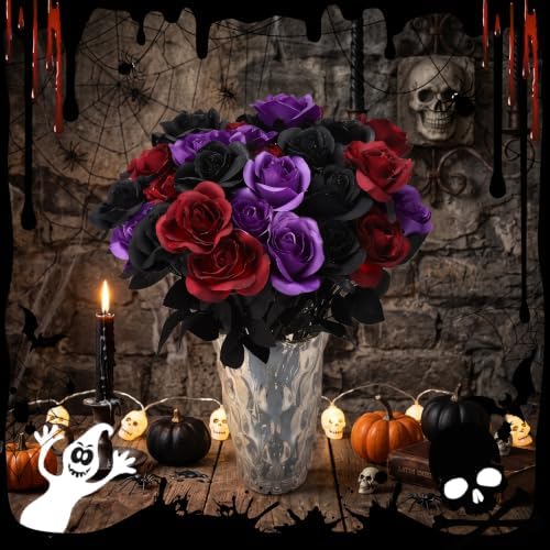 36 Pcs Black Purple Red Artificial Roses with Black Long Stems