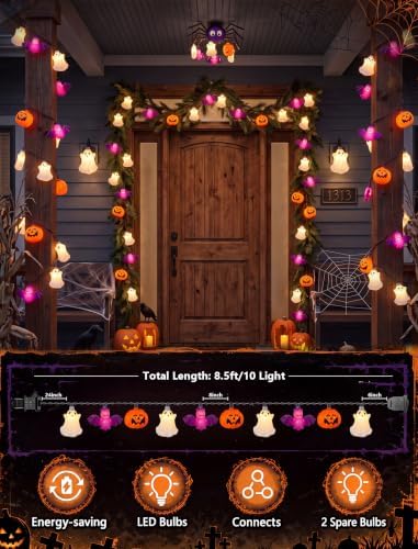 8.5FT 10 LED Halloween Pumpkin Bat Ghost String Lights Outdoor, Linkable