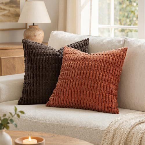 MIULEE Fall Corduroy Decorative Throw Pillow Covers 12x12 Rust Pack of 2