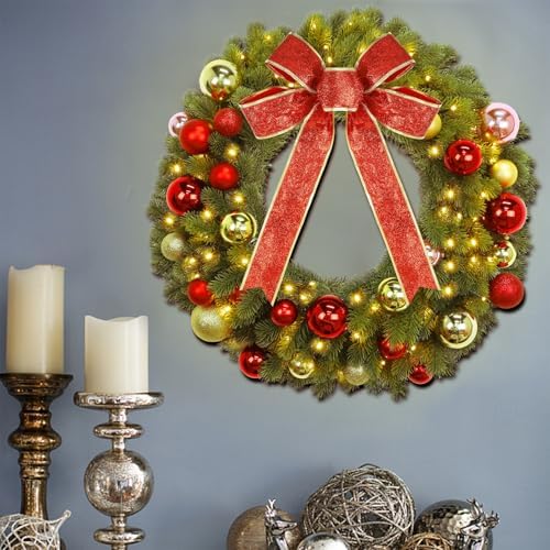 Juegoal 21 Inch Pre-Lit Christmas Wreath with Metal Hanger, Lighted Xmas Folded Wreath with 60 LED Lights, Red Bow and Colorful Balls, Battery Operated & Timer for Outdoor Home Window Wall Front Door