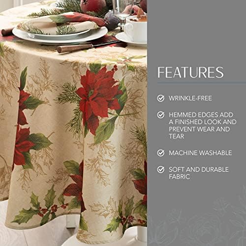 Festive Poinsettia Holiday Fabric Tablecloth, Multicolor - 60" W x 84" L Oval