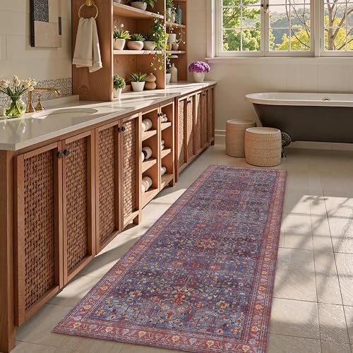 Washable Area Rug 2'6'' x 8' Vintage Traditional Persian Mat - Foldable Distressed Non-Slip Machine Washable Carpet for