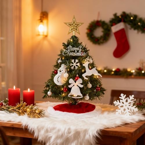 JOIEDOMI 24"/2FT Small Christmas Tree with Lights, Table Top Christmas Decor with Tree Skirt, Star Treetop and Ornaments, Battery Operated Pre-lit Artificial Xmas Tabletop for Xmas Decorations Indoor