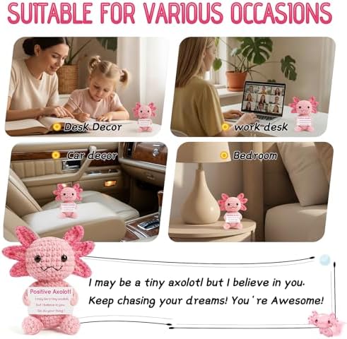 Pink Positive Crochet Axolotl Gift - Handmade Knitted Axolotl Plush with Gift Box Card for Girl, Women, Friends, Coworker, Emotional Support Crochet Animals Gifts for Birthday Graduation Desk Decor