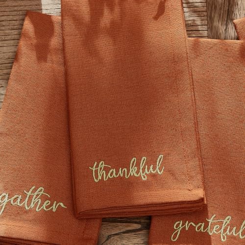 Threadmade Harvest Sentiment Embroidered Napkins, Set of 4, Rust - 17" W x 17" L