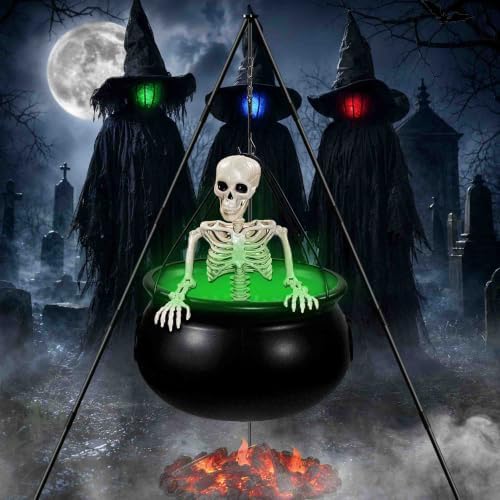 Halloween Decorations Outdoor, 2 Pack Witches Cauldron Set with Fog Effect, Skeleton and Green Lights, Halloween Witch Cauldron Decor with Tripod Stand for Outdoor Porch Yard Lawn Party