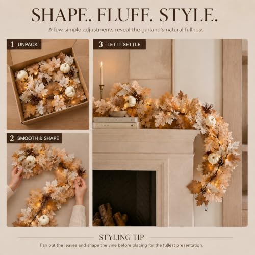 Fall Decor Garland with Lights, 6Ft, 30 Warm LED, White Pumpkins