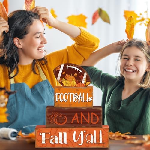 4 Pcs Fall Football Table Decor Football Wooden Blocks Signs with Sayings