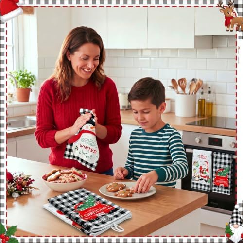 Bencailor 6 Pcs Christmas Kitchen Towel, Black Plaid, Cartoon Christmas