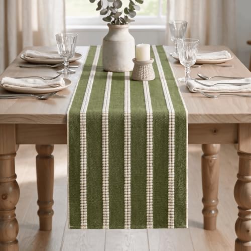 Artoid Mode Army Green Farmhouse Dashed Stripe Table Runner, Seasonal Holiday Boho Rustic Kitchen Dining Table Decoration for Home Party Decor 12x72 Inch