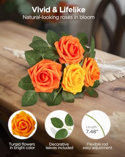 InnoGear Fake Roses 50 Pcs Shades of Orange Flowers Artificial Faux Floral
