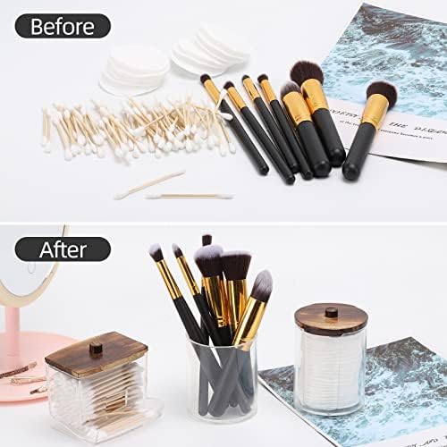 Tbestmax Bathroom Organizer Accessories Set-10 OZ Qtips Holder Storage with Wood Lids, Cotton Ball/Swabs Dispenser