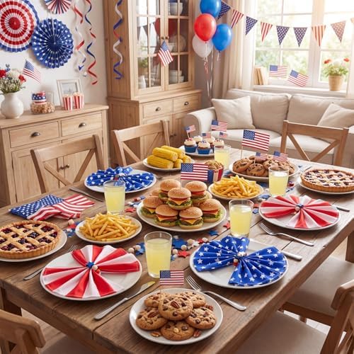 Qinyoung 8 Sets Patriotic Cloth Napkin and Star Napkins Rings 4th of July Wooden Red White and Blue Napkin Ring Holder 250th Anniversary Veterans Day Election Independence Day Table Decoration