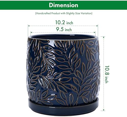 D'vine Dev Embossed Leaves Ceramic Planter, 10 in, Midnight Blue, 27-A-P-3