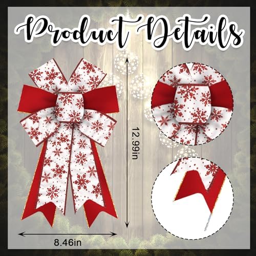 Hying 2 Pieces Christmas Bows for Wreath, Christmas Wreath Bow Glitter Red White Snowflake Bows Winter Xmas Tree Craft Bows Ornaments for Front Door New Year Christmas Party Decoration Supplies
