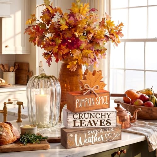 Moucuny 4 Pcs Fall Wooden Tiered Tray Decor Rustic Farmhouse Signs