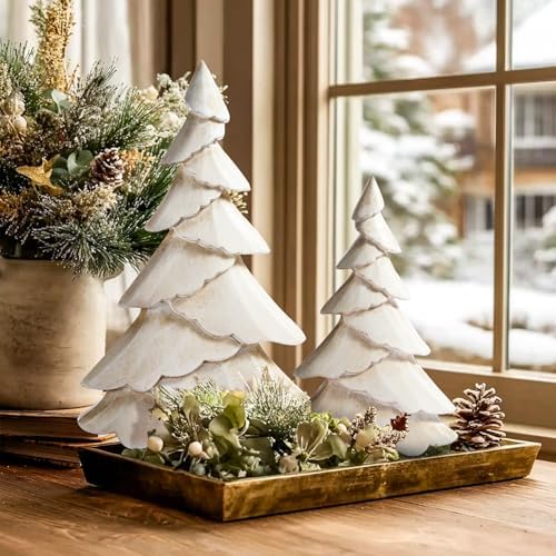 RM ROOMERS Wooden Christmas Tree Figurine Set of 2, White Tree Figurines