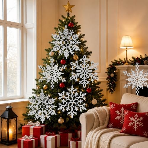 12pcs Large Silver Snowflakes Ornaments 12” Big Plastic Glitter Snowflake for Winter Indoor Outdoor Christmas Tree Window Room Decorations Giant Craft Snowflakes
