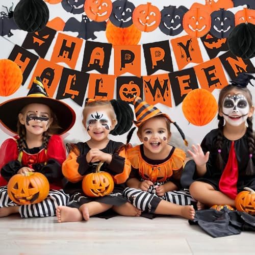 Halloween Party Decorations Happy Halloween Banner Black Orange Pumpkin Bats Decorations for Home Classroom Office Decorations ﻿