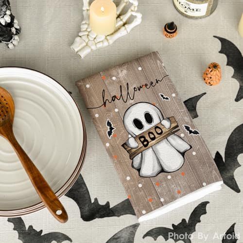 Artoid Mode Wood Cat Ghost Halloween Kitchen Towels Set of 2 18x26 Inch