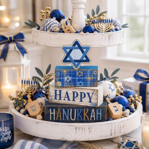 Lineshading 4 Pcs Wooden Hanukkah Block Signs Farmhouse Tiered Decor