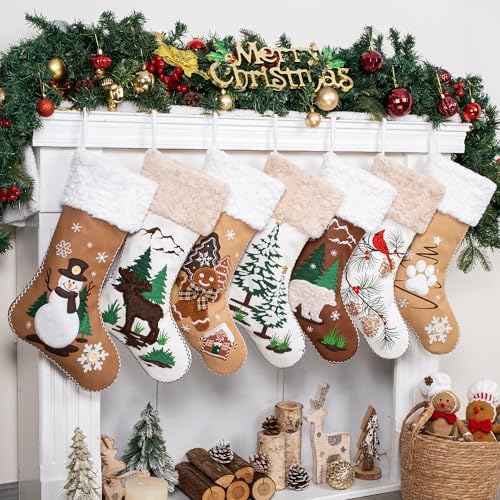 LUBOT 6 Pack Christmas Stockings Set of 6 Large Family Xmas Stocking Leather Embroidered 20" Modern Rustic Farmhouse Country Fireplace Hanging Holiday Decor