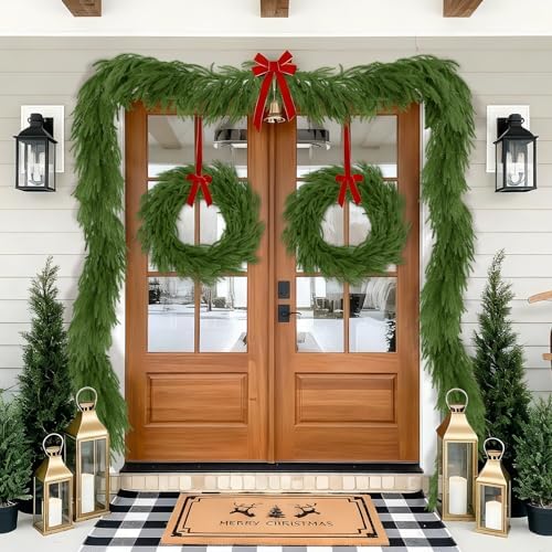 N&T NIETING 9FT Christmas Norfolk Pine Garland Real Touch Artificial Christmas Green Xmas Garland for Mantle, Table Holiday Fireplace Staircase Indoor Outdoor Christmas Decorations