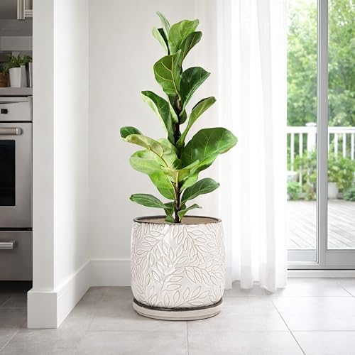 D'vine Dev Embossed Leaves Ceramic Planter, 8 in, Smoked White, 27-A-Q-1