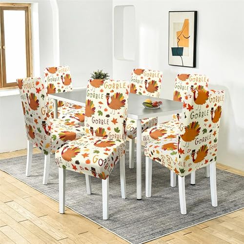 Fall Thanksgiving Chair Covers Set of 6, Pumpkin Turkey Dining Chair Protectors, Elastic Removable Washable Dining Chair Covers for Fall Thanksgiving Kitchen Dining Room Holiday Decorations
