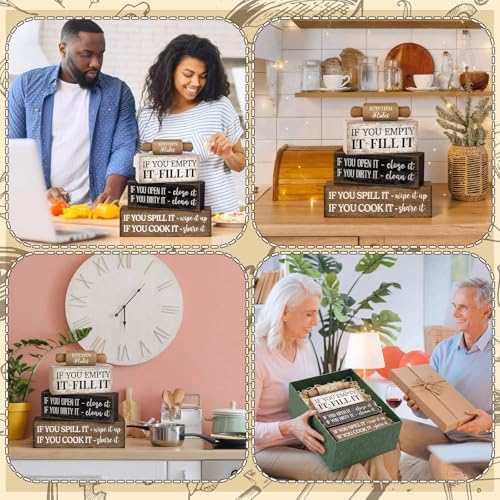Moucuny 4 Pcs Farmhouse Tiered Tray Decor, Kitchen Rules Wooden Signs