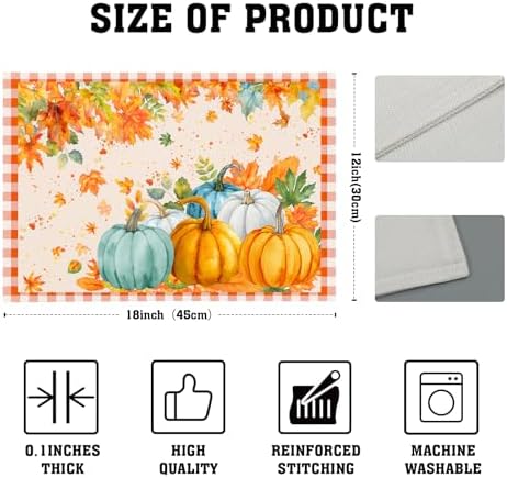 Fall Thanksgiving Placemats Set of 4 18x12 Inch Autumn Pumpkins Maple Leaves Linen Place Mats Heat-Resistant Washable Wipeable Orange Plaid Table Mat for Party Kitchen Dining Room Dinner Table Decor